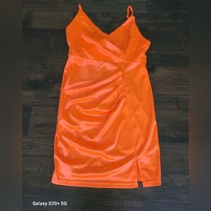 Fashion Nova Mini Dress Neon Orange. Ruched Front, Adjustable Straps Size Medium